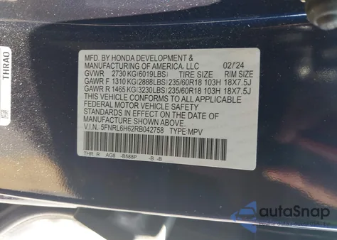 2024 Honda Odyssey Ex-L z USA, uszkodzony, nr VIN 5FNRL6H62RB042758